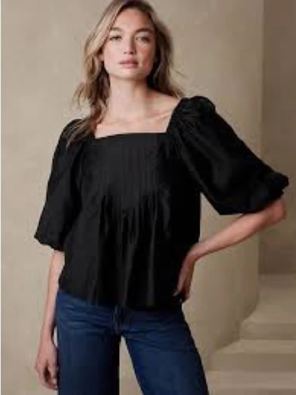 Banana Republic Black Square-Neck Puff Balloon Sleeve Blouse Peplum Pleated